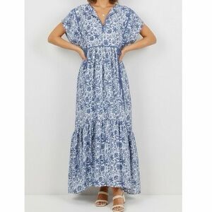 MIRTH Sonoma Kaftan Blue Tropical Floral Silk Cotton Blend Maxi Dress M Boho